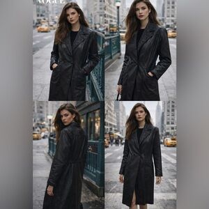 Vintage Winlit Leather Trench Coat Black Paisley Long Jacket Size M